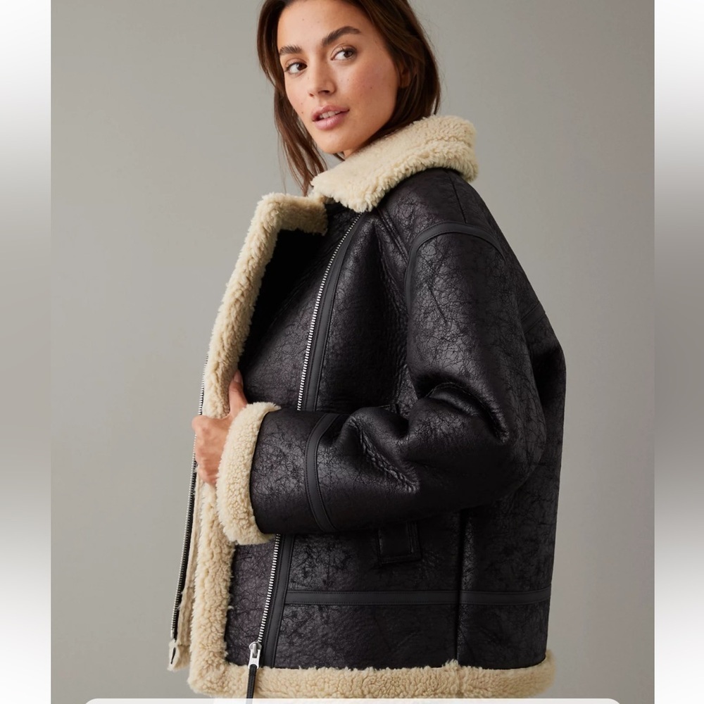 American Eagle AE Oversized Vegan Shearling Moto Jacket Black XL - Picture 6 of 16